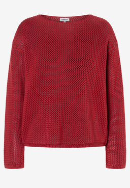 MORE & MORE Pullover in Rot mit Lochmuster-Design, Langarm und Rundhalsausschnitt.