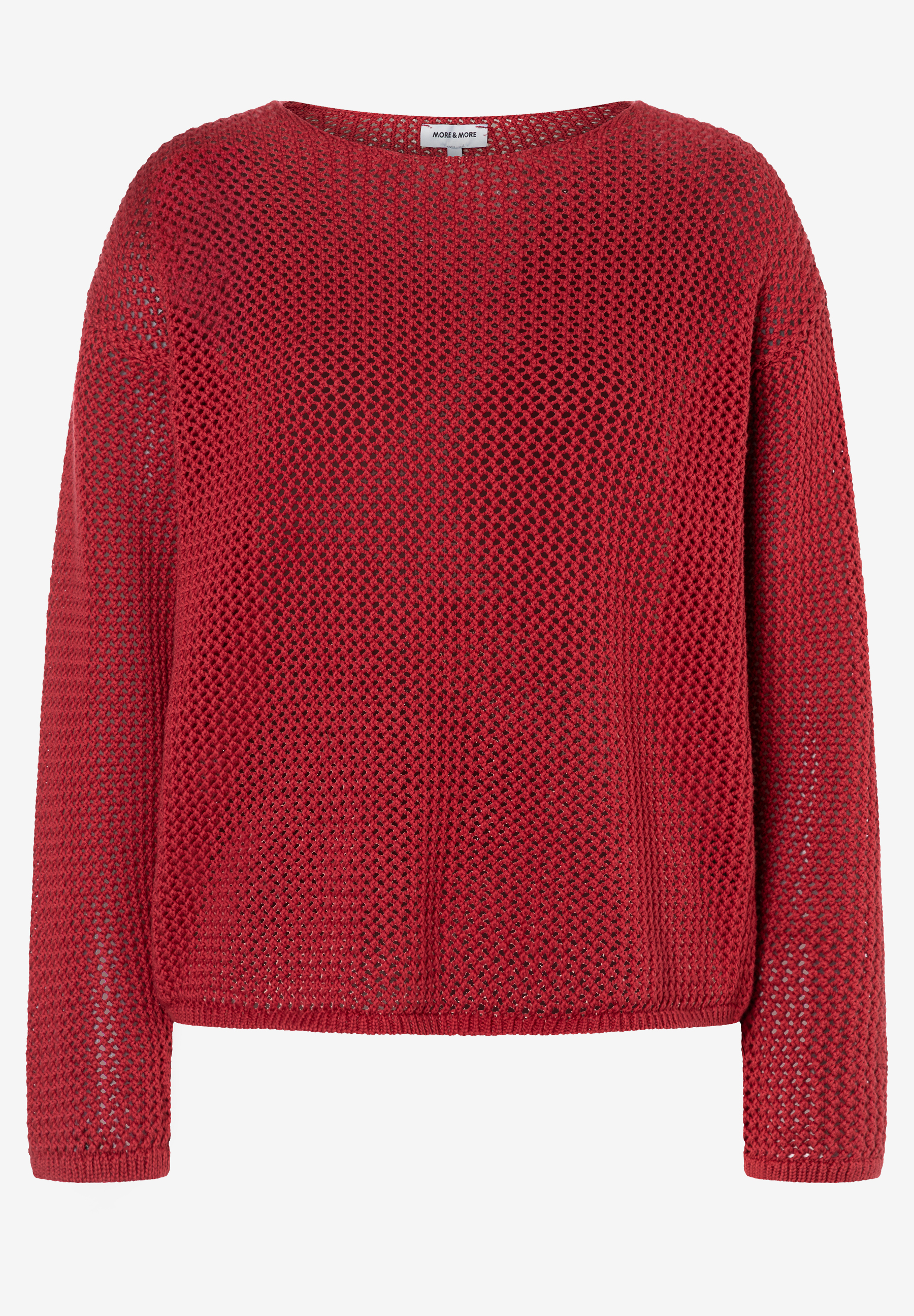 MORE & MORE Pullover in Rot mit Lochmuster-Design, Langarm und Rundhalsausschnitt. MORE & MORE Pullover in Rot mit Lochmuster-Design, Langarm und Rundhalsausschnitt.