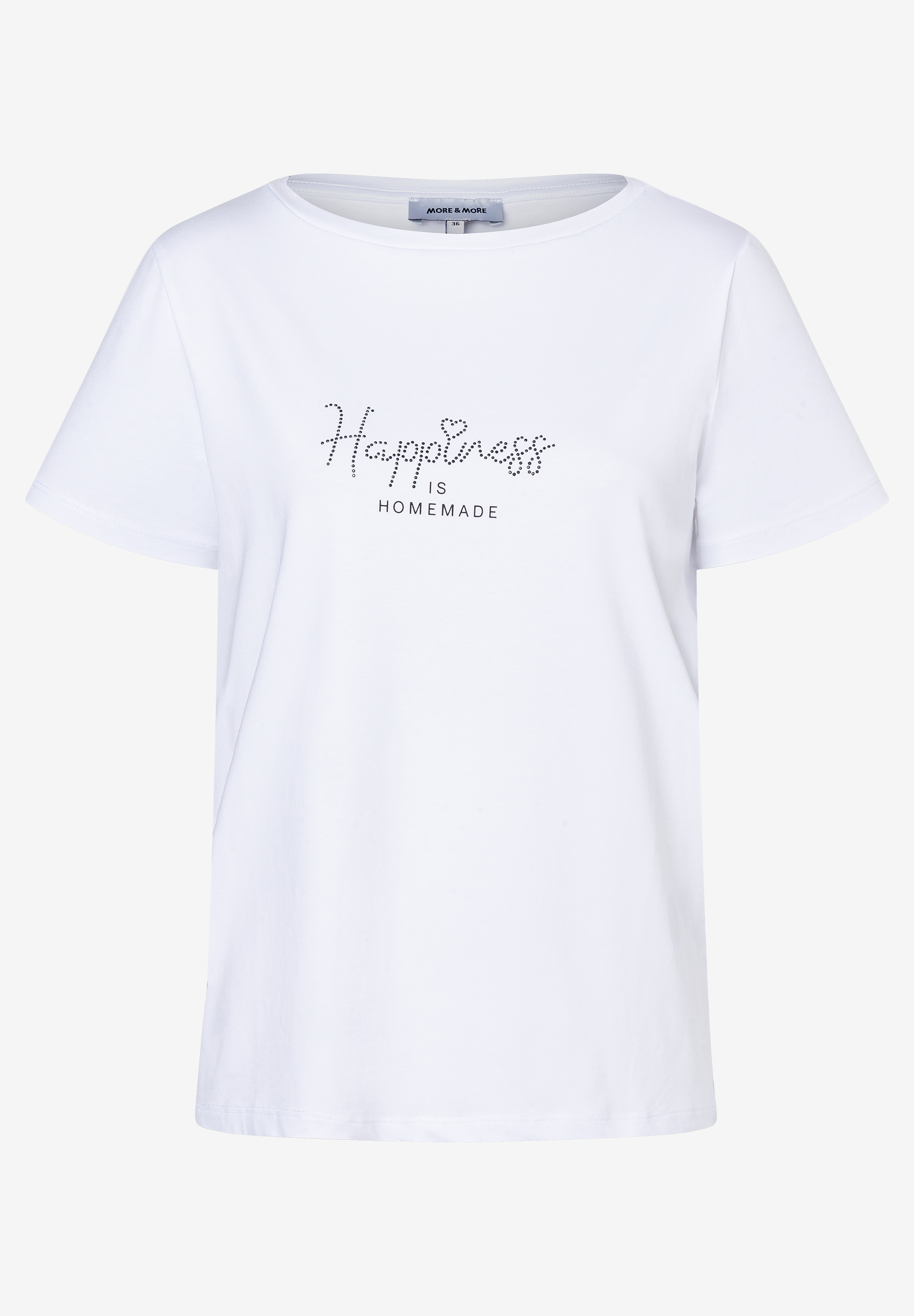 Ein weißes MORE & MORE T-Shirt mit der Aufschrift "Happiness is Homemade". Ein weißes MORE & MORE T-Shirt mit der Aufschrift "Happiness is Homemade".