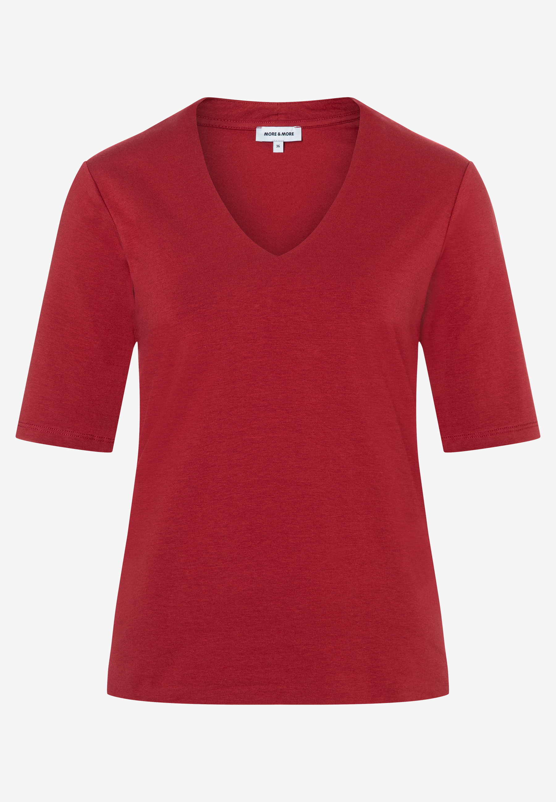 MORE & MORE rotes Jersey T-Shirt mit V-Ausschnitt, halblangen Ärmeln und angenehmem Tragekomfort. MORE & MORE rotes Jersey T-Shirt mit V-Ausschnitt, halblangen Ärmeln und angenehmem Tragekomfort.