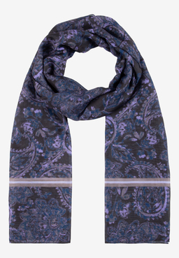 MORE & MORE Schal mit Paisley-Muster in Schwarz, Blau und Lila. Die Enden sind mit horizontalen Streifen versehen.