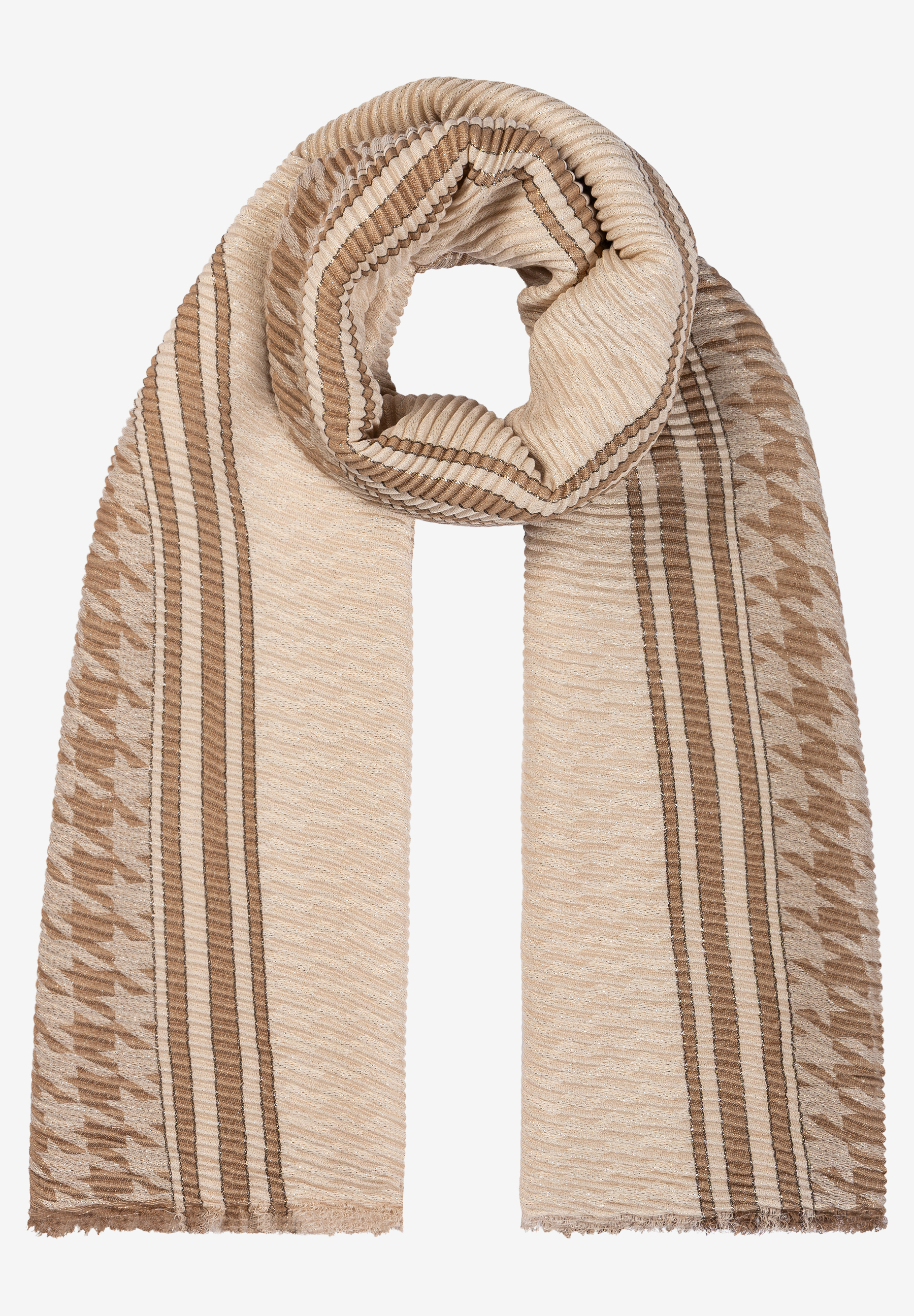 Ein gestreifter MORE & MORE-Schal in Beige- und Brauntönen mit Fransen an den Enden. Ein gestreifter MORE & MORE-Schal in Beige- und Brauntönen mit Fransen an den Enden.