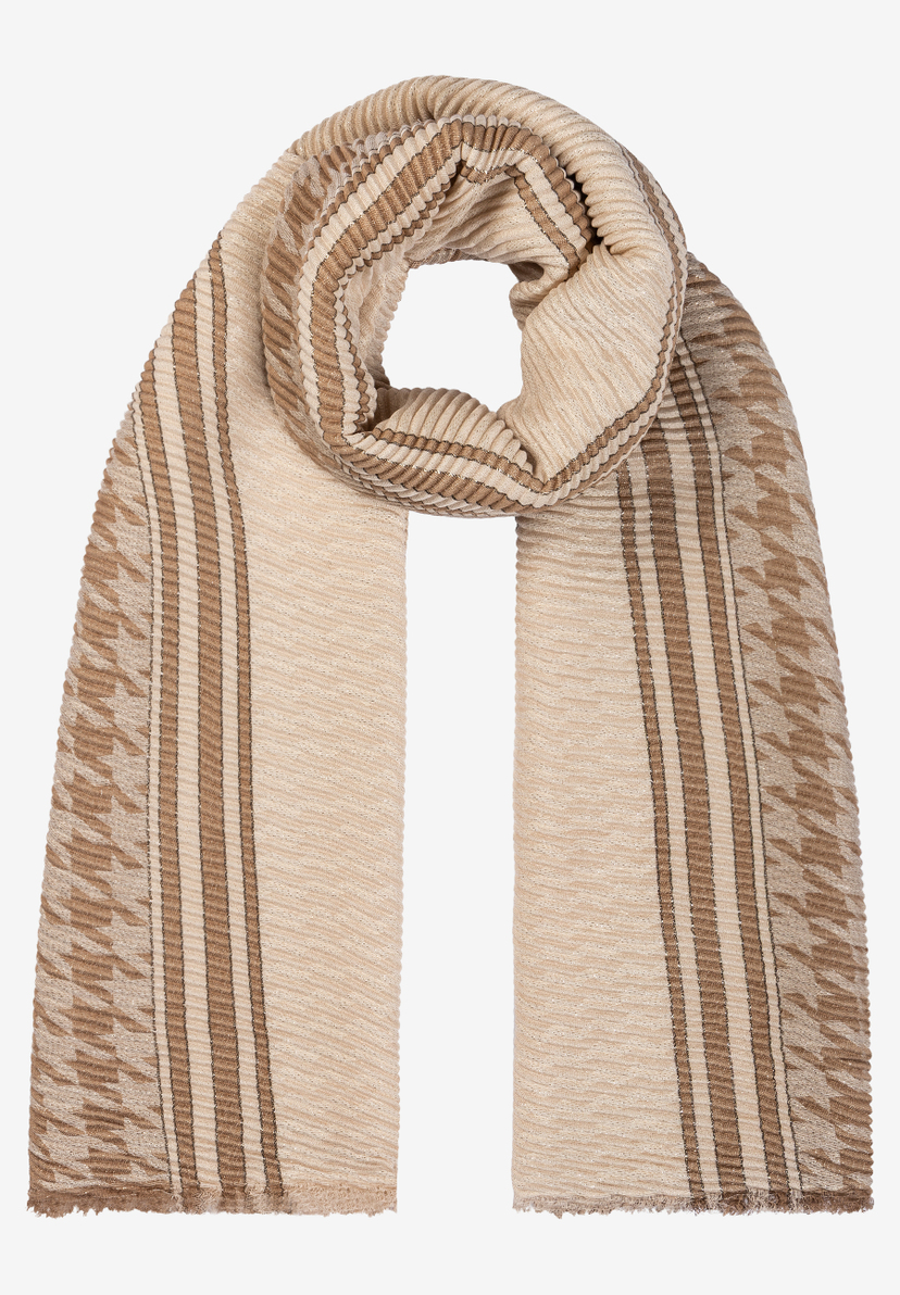 Ein gestreifter MORE & MORE-Schal in Beige- und Brauntönen mit Fransen an den Enden. Ein gestreifter MORE & MORE-Schal in Beige- und Brauntönen mit Fransen an den Enden.