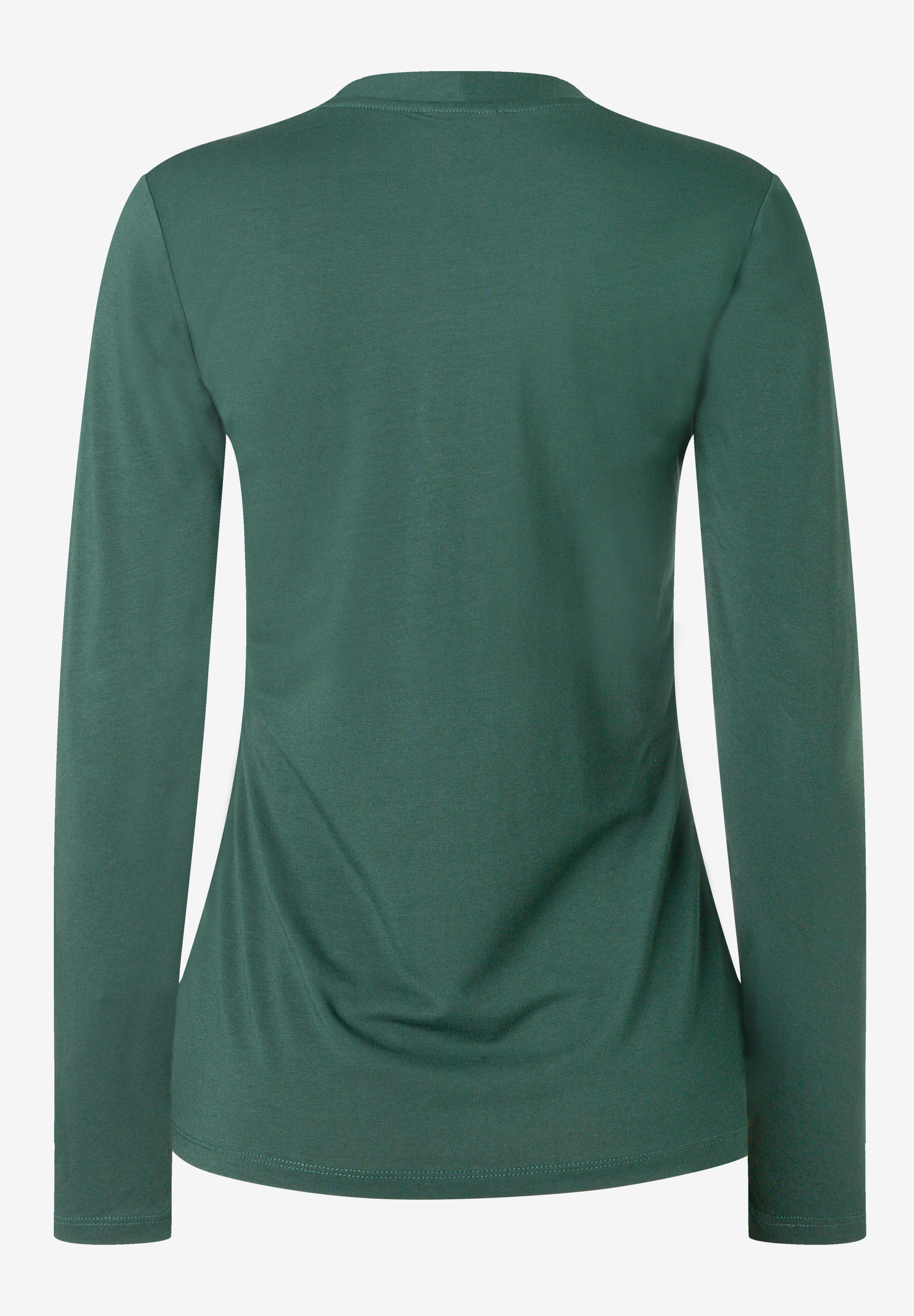 MORE & MORE Langarmshirt in Dunkelgrün, Rückansicht. Ein schlichtes, unifarbenes Damen-Top.