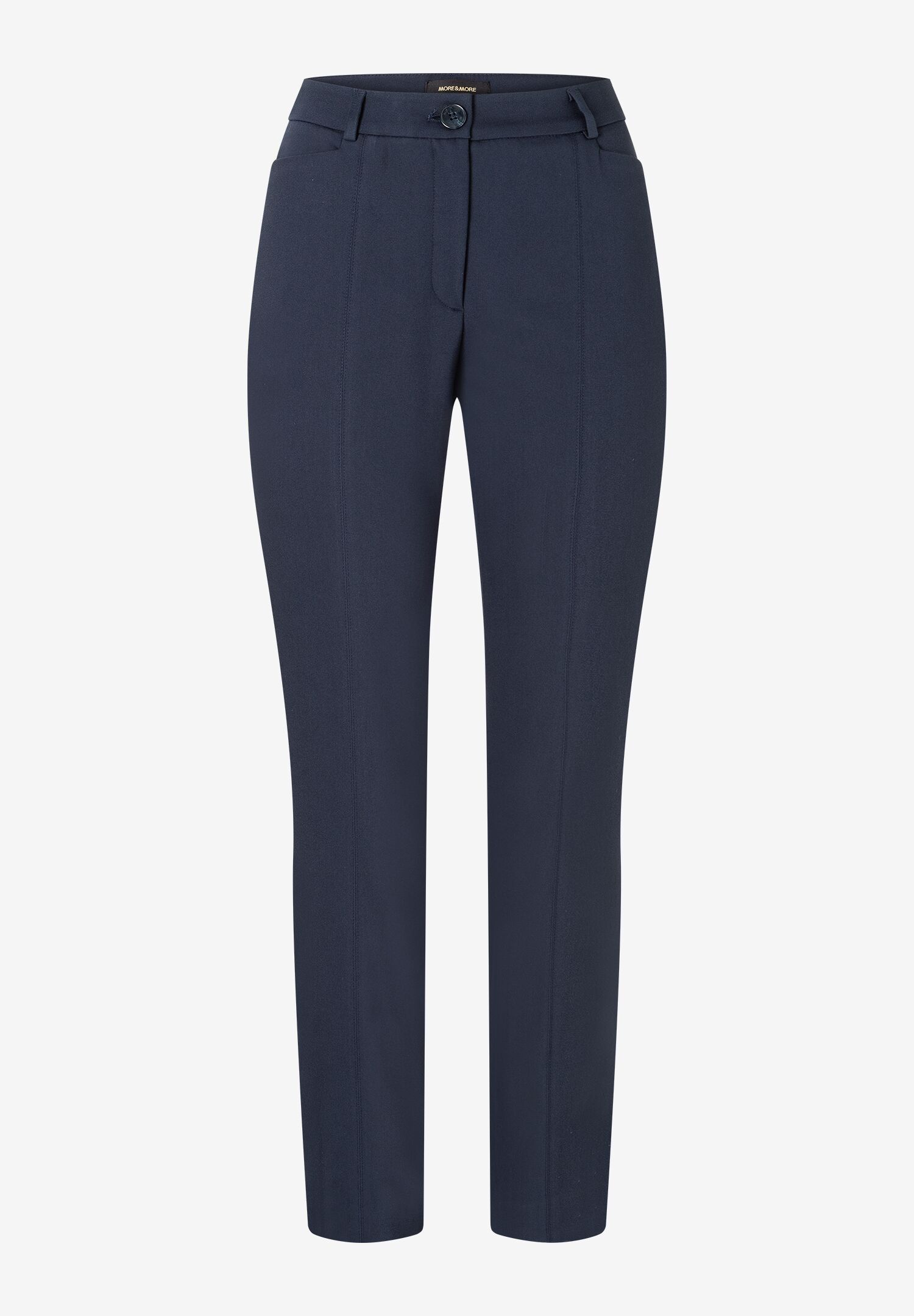 Dunkelblaue Stretch-Hose von MORE & MORE aus Baumwollmischung, mittig platziert auf weißem Hintergrund. Dunkelblaue Stretch-Hose von MORE & MORE aus Baumwollmischung, mittig platziert auf weißem Hintergrund.