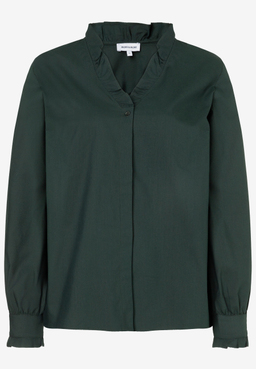 MORE & MORE dunkelgrüne Damen-Bluse mit V-Ausschnitt, Rüschenkragen und verdeckter Knopfleiste, die bis zur Taille reicht.