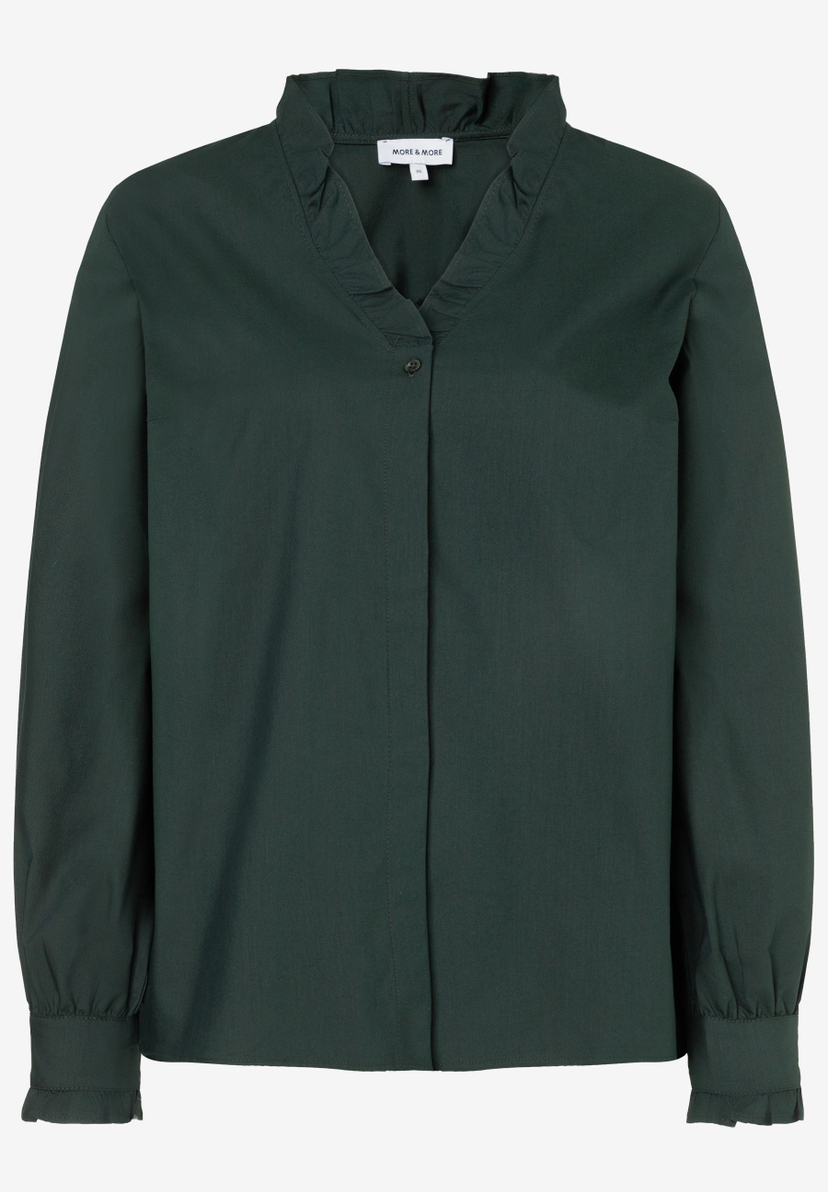 MORE & MORE dunkelgrüne Damen-Bluse mit V-Ausschnitt, Rüschenkragen und verdeckter Knopfleiste, die bis zur Taille reicht. MORE & MORE dunkelgrüne Damen-Bluse mit V-Ausschnitt, Rüschenkragen und verdeckter Knopfleiste, die bis zur Taille reicht.