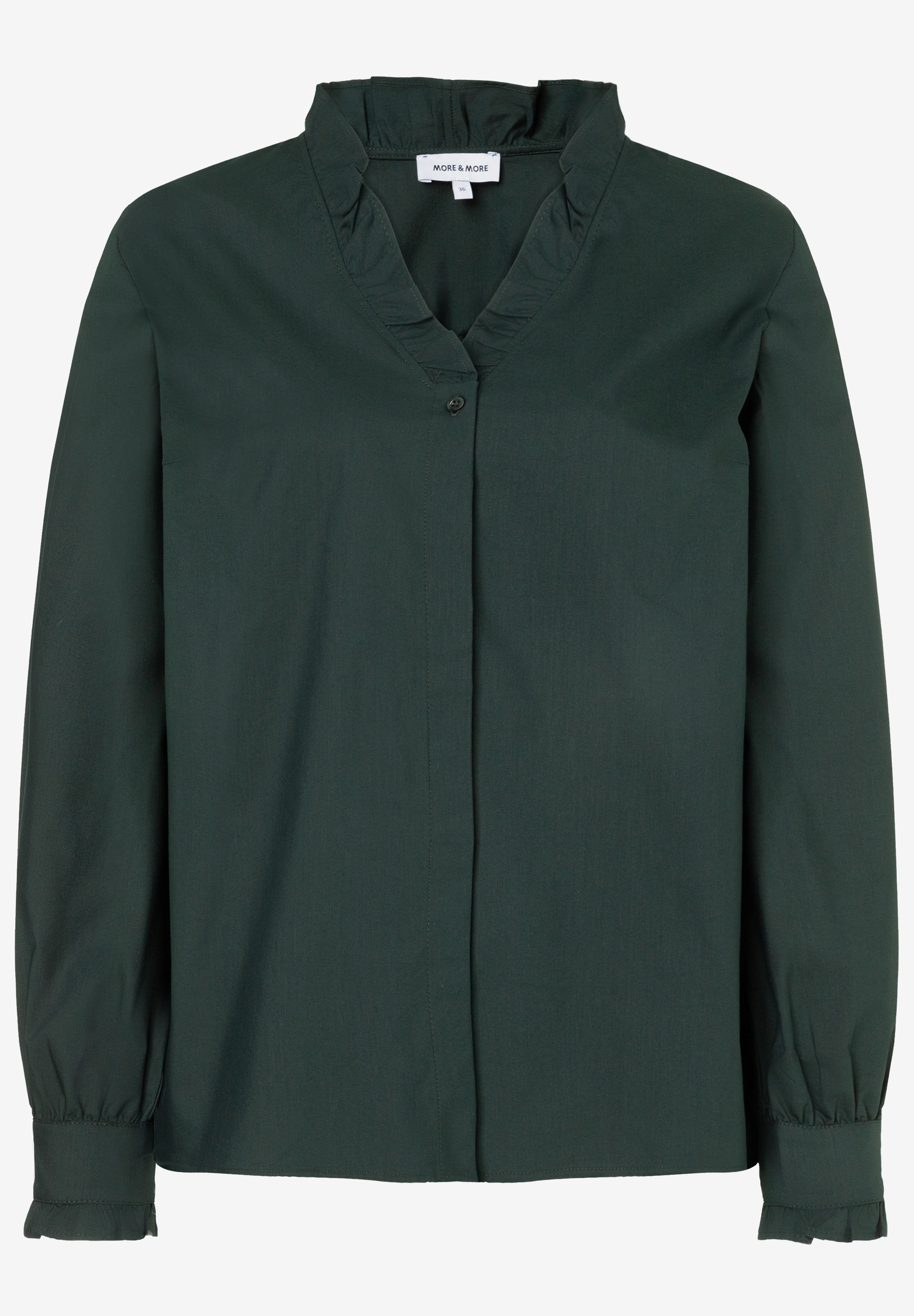 MORE & MORE dunkelgrüne Damen-Bluse mit V-Ausschnitt, Rüschenkragen und verdeckter Knopfleiste, die bis zur Taille reicht.