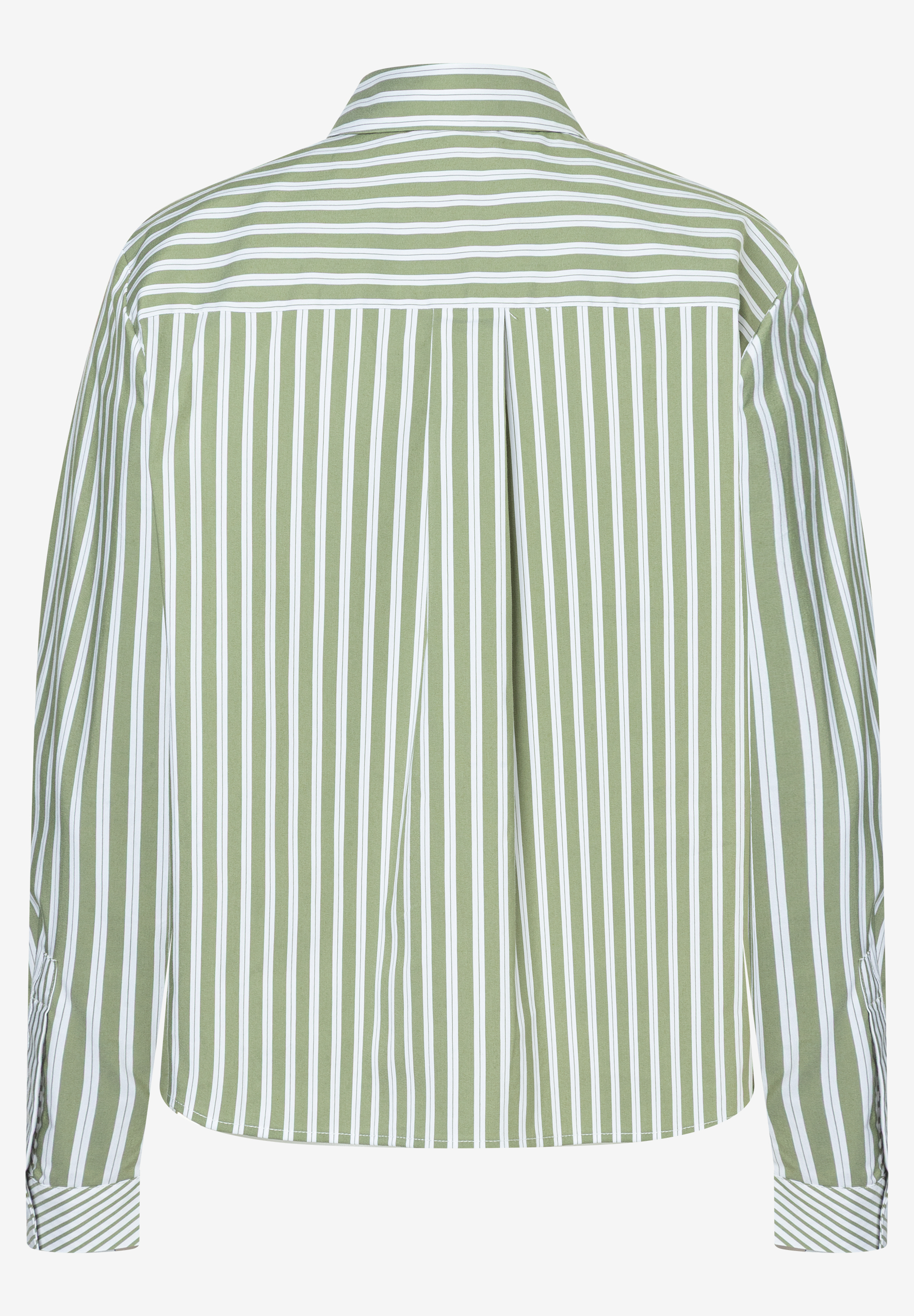 Die Rückseite einer MORE & MORE Bluse aus Popeline mit grünen und weißen Streifen. Die Rückseite einer MORE & MORE Bluse aus Popeline mit grünen und weißen Streifen.