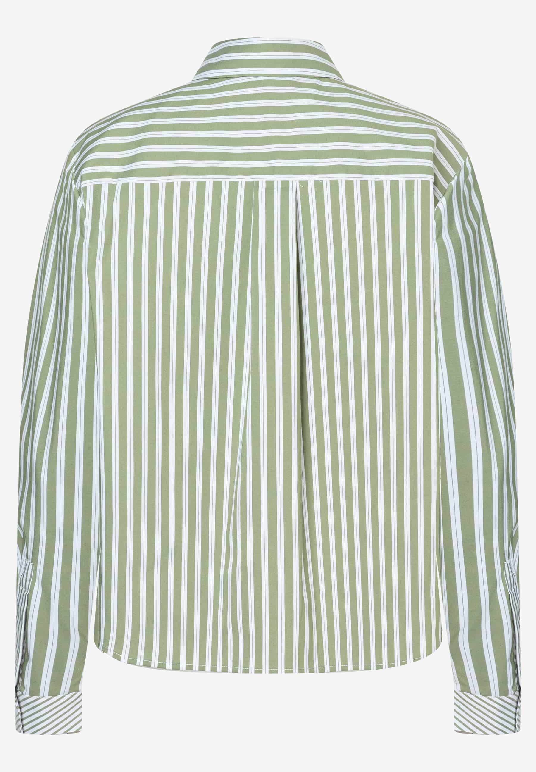 Die Rückseite einer MORE & MORE Bluse aus Popeline mit grünen und weißen Streifen. Die Rückseite einer MORE & MORE Bluse aus Popeline mit grünen und weißen Streifen.