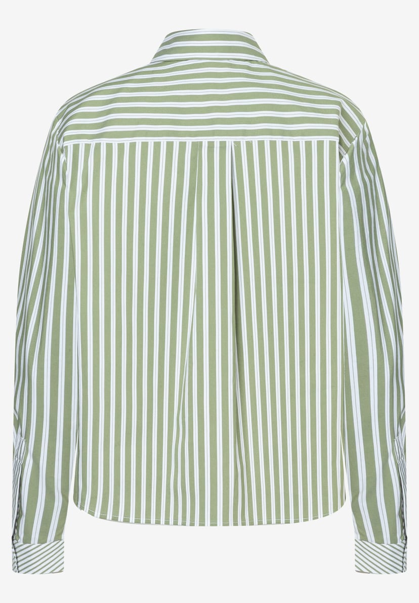 Die Rückseite einer MORE & MORE Bluse aus Popeline mit grünen und weißen Streifen. Die Rückseite einer MORE & MORE Bluse aus Popeline mit grünen und weißen Streifen.