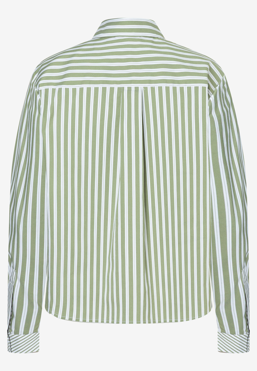 Die Rückseite einer MORE & MORE Bluse aus Popeline mit grünen und weißen Streifen. Die Rückseite einer MORE & MORE Bluse aus Popeline mit grünen und weißen Streifen.