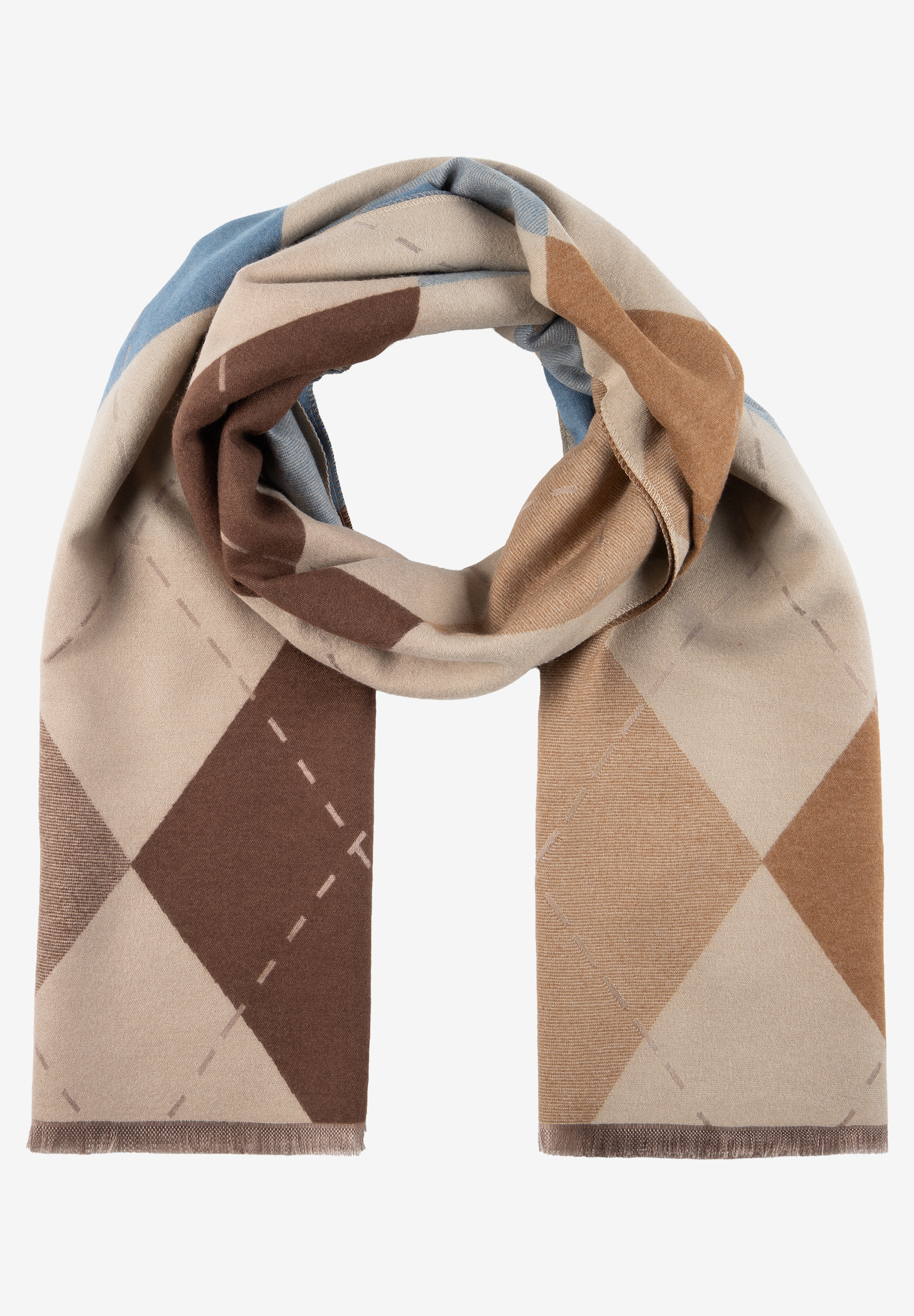 MORE & MORE Schal mit Argyle-Muster in Beige, Braun und Blau, seitlich gebunden, vor weißem Hintergrund.