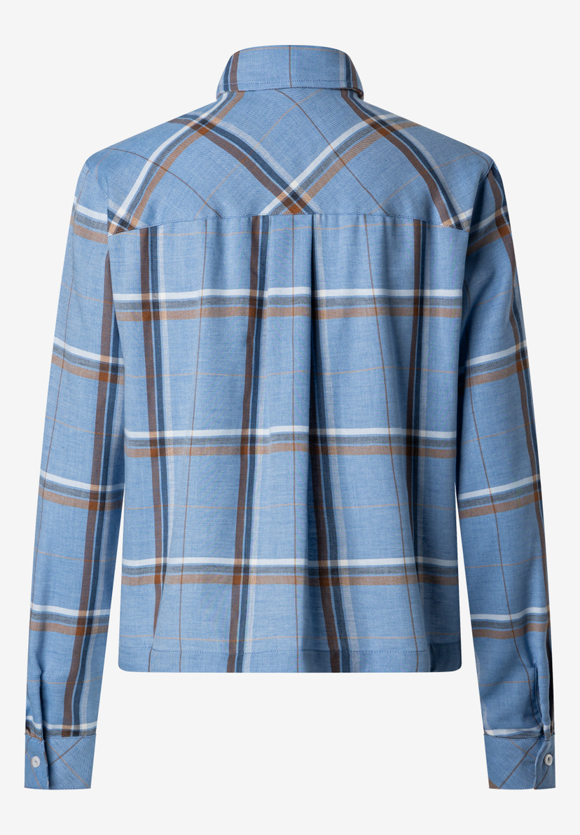 MORE & MORE Bluse: Hellblau-weiß-braun karierte Bluse aus Webware mit langen Ärmeln, Rüschen am Rücken und weißem Knopf am Ärmelbündchen MORE & MORE Bluse: Hellblau-weiß-braun karierte Bluse aus Webware mit langen Ärmeln, Rüschen am Rücken und weißem Knopf am Ärmelbündchen