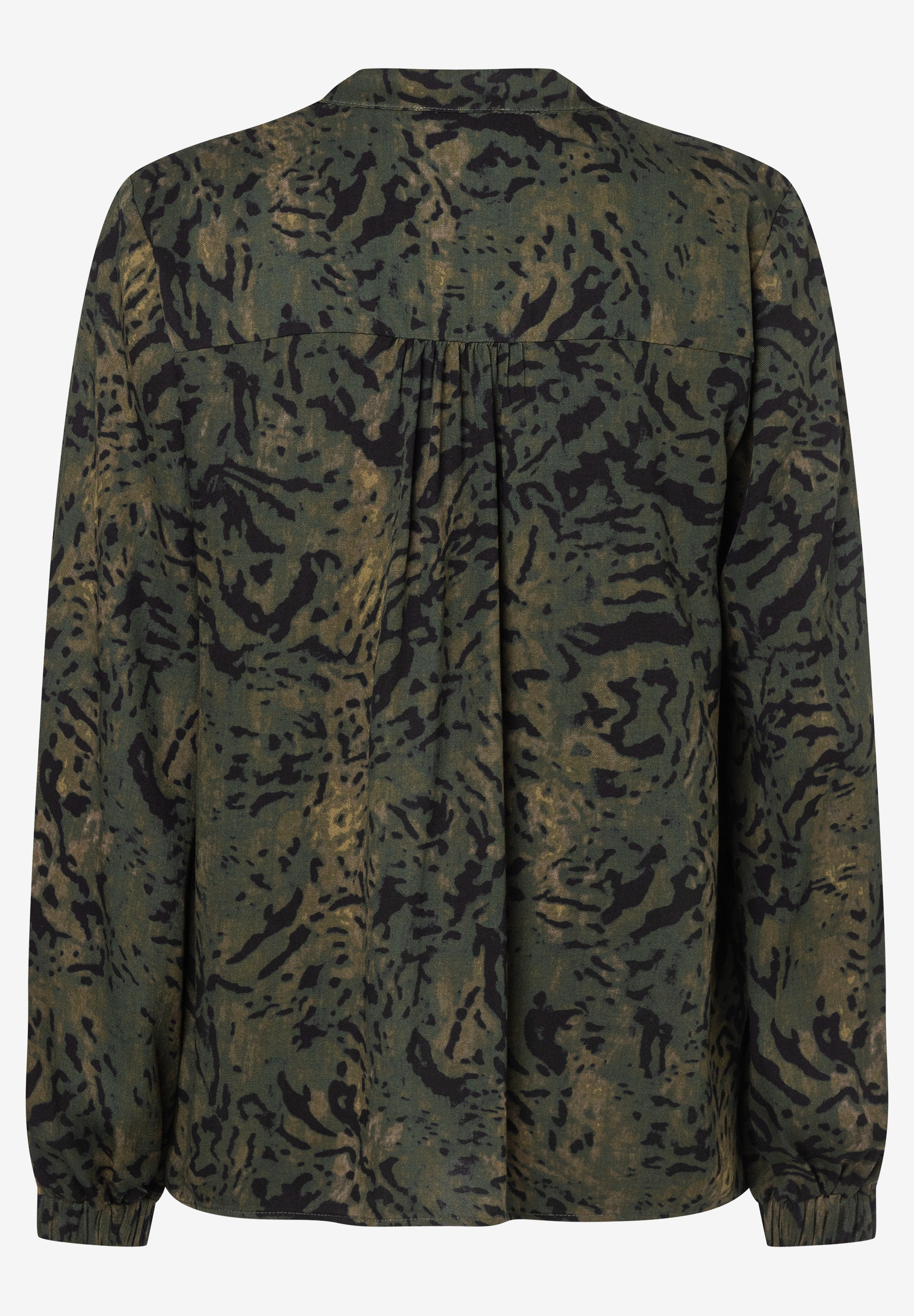 MORE & MORE Bluse: Grüne Bluse mit schwarzem und goldenem Animal-Print und Kragen. Langarm mit Bündchen. MORE & MORE Bluse: Grüne Bluse mit schwarzem und goldenem Animal-Print und Kragen. Langarm mit Bündchen.