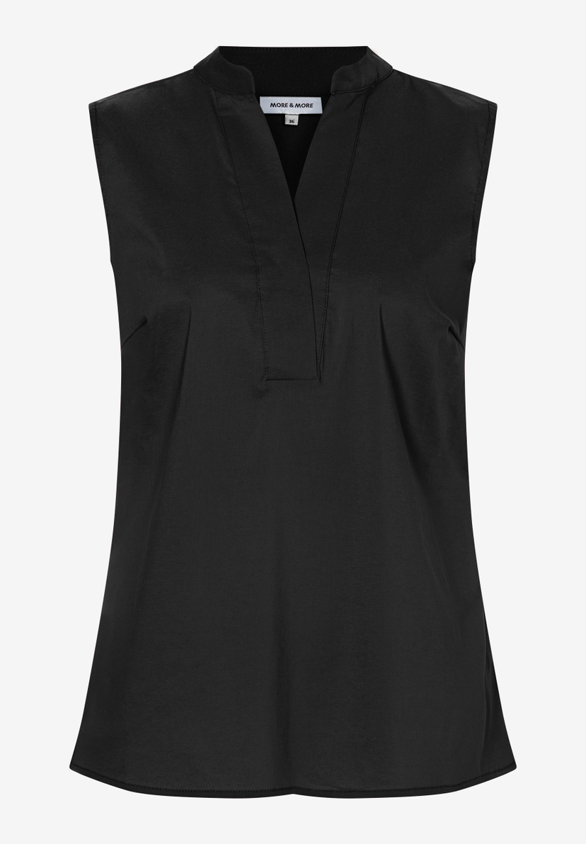 MORE & MORE schwarze ärmellose Bluse mit V-Ausschnitt und Stehkragen, Größe 36. MORE & MORE schwarze ärmellose Bluse mit V-Ausschnitt und Stehkragen, Größe 36.