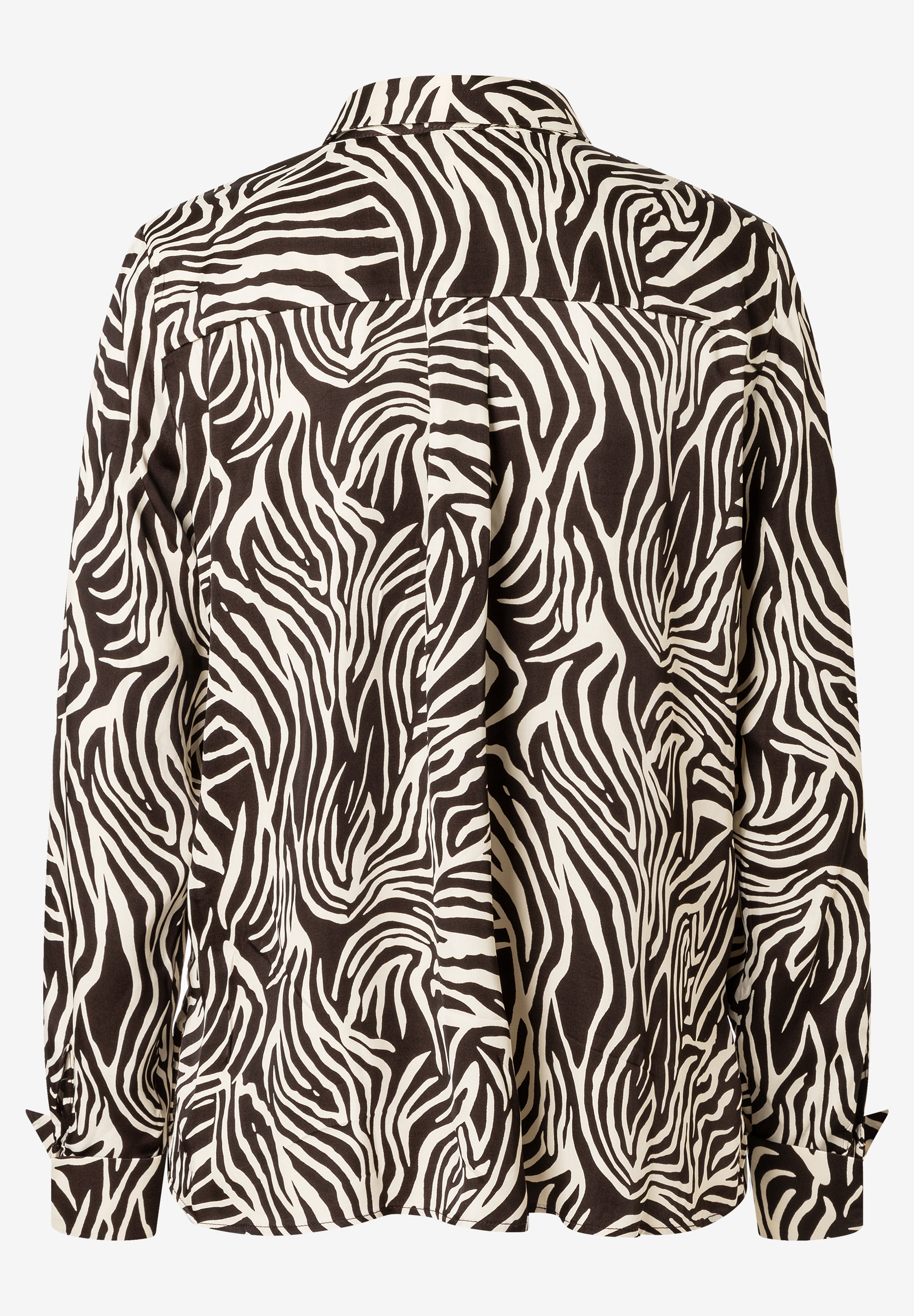 Rückansicht einer MORE & MORE Bluse mit auffälligem Zebra-Muster. Rückansicht einer MORE & MORE Bluse mit auffälligem Zebra-Muster.
