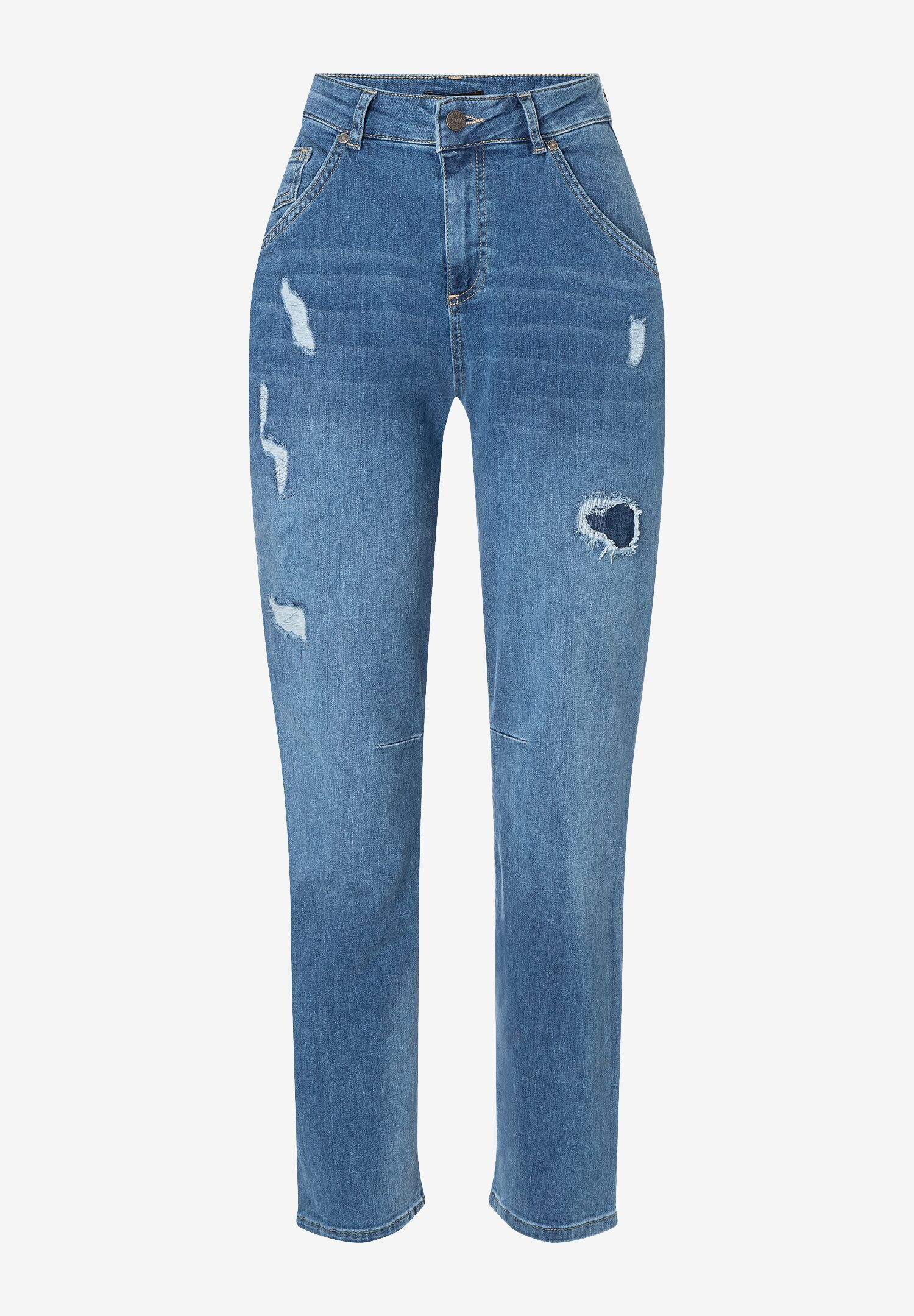 Eine blaue Stretch-Denim-Jeans von MORE & MORE mit Löchern und Rissen. Eine blaue Stretch-Denim-Jeans von MORE & MORE mit Löchern und Rissen.