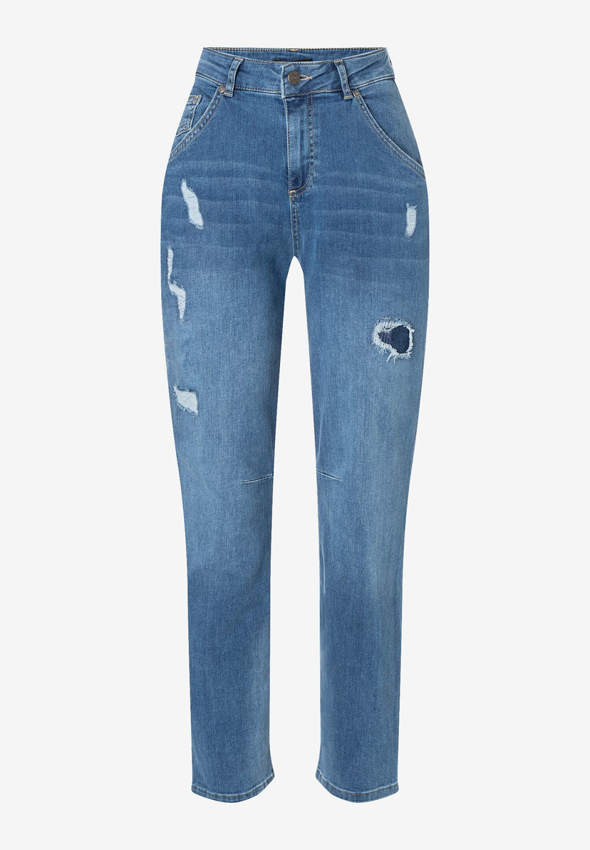 Eine blaue Stretch-Denim-Jeans von MORE & MORE mit Löchern und Rissen. Eine blaue Stretch-Denim-Jeans von MORE & MORE mit Löchern und Rissen.