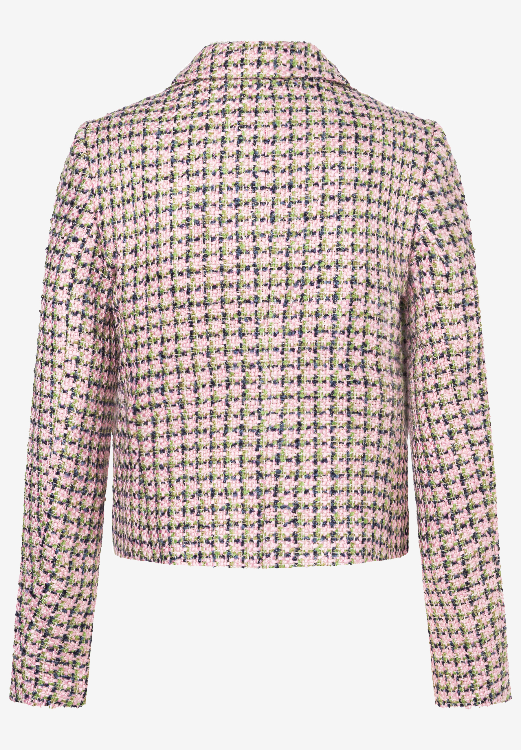Rückansicht eines MORE & MORE Blazers mit pinkfarbenem Tweed-Muster, langen Ärmeln und Kragen. Rückansicht eines MORE & MORE Blazers mit pinkfarbenem Tweed-Muster, langen Ärmeln und Kragen.