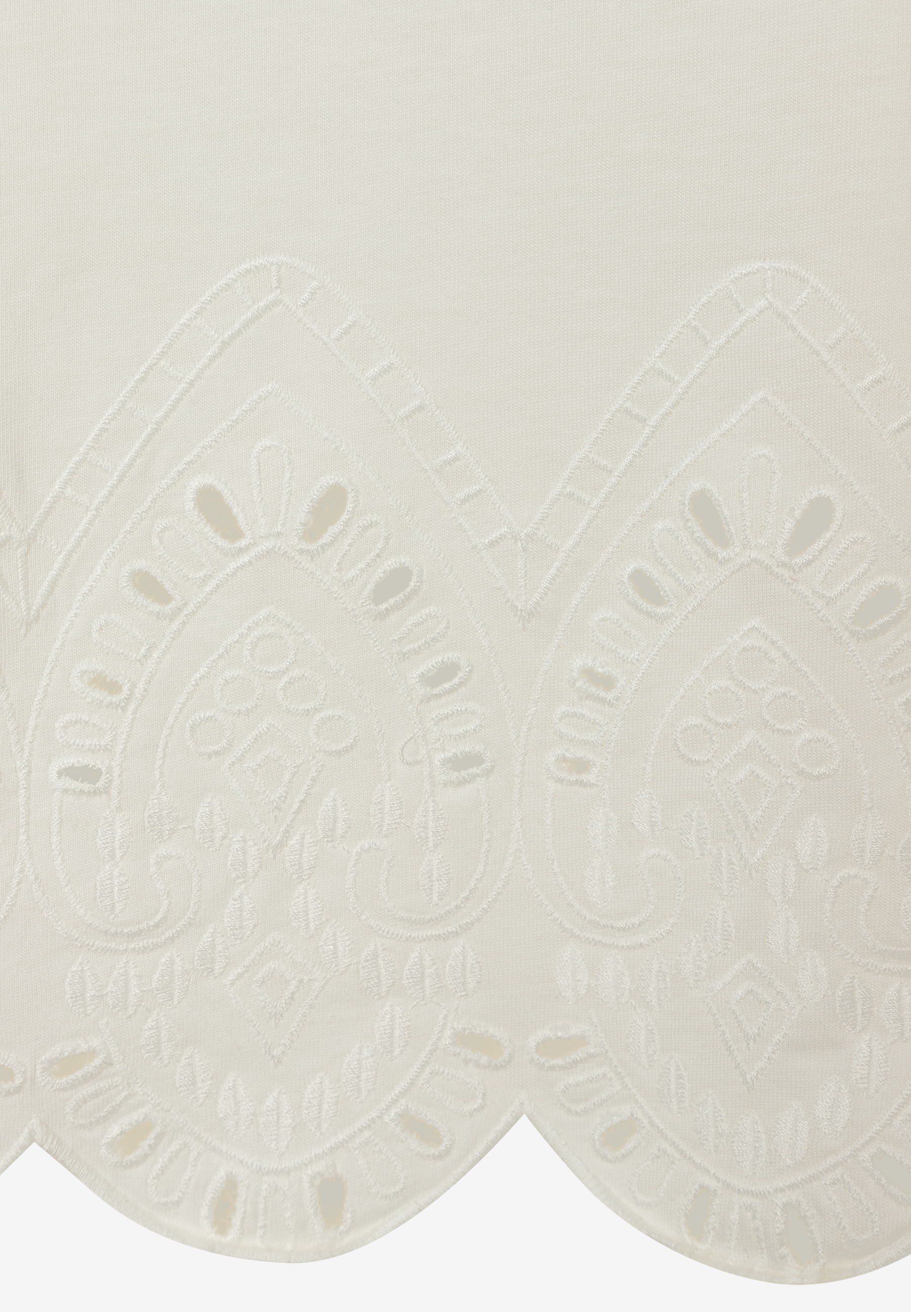 Detailansicht eines weißen MORE & MORE Oberteils mit Jersey und Spitze mit Lochmuster am Saum. Detailansicht eines weißen MORE & MORE Oberteils mit Jersey und Spitze mit Lochmuster am Saum.