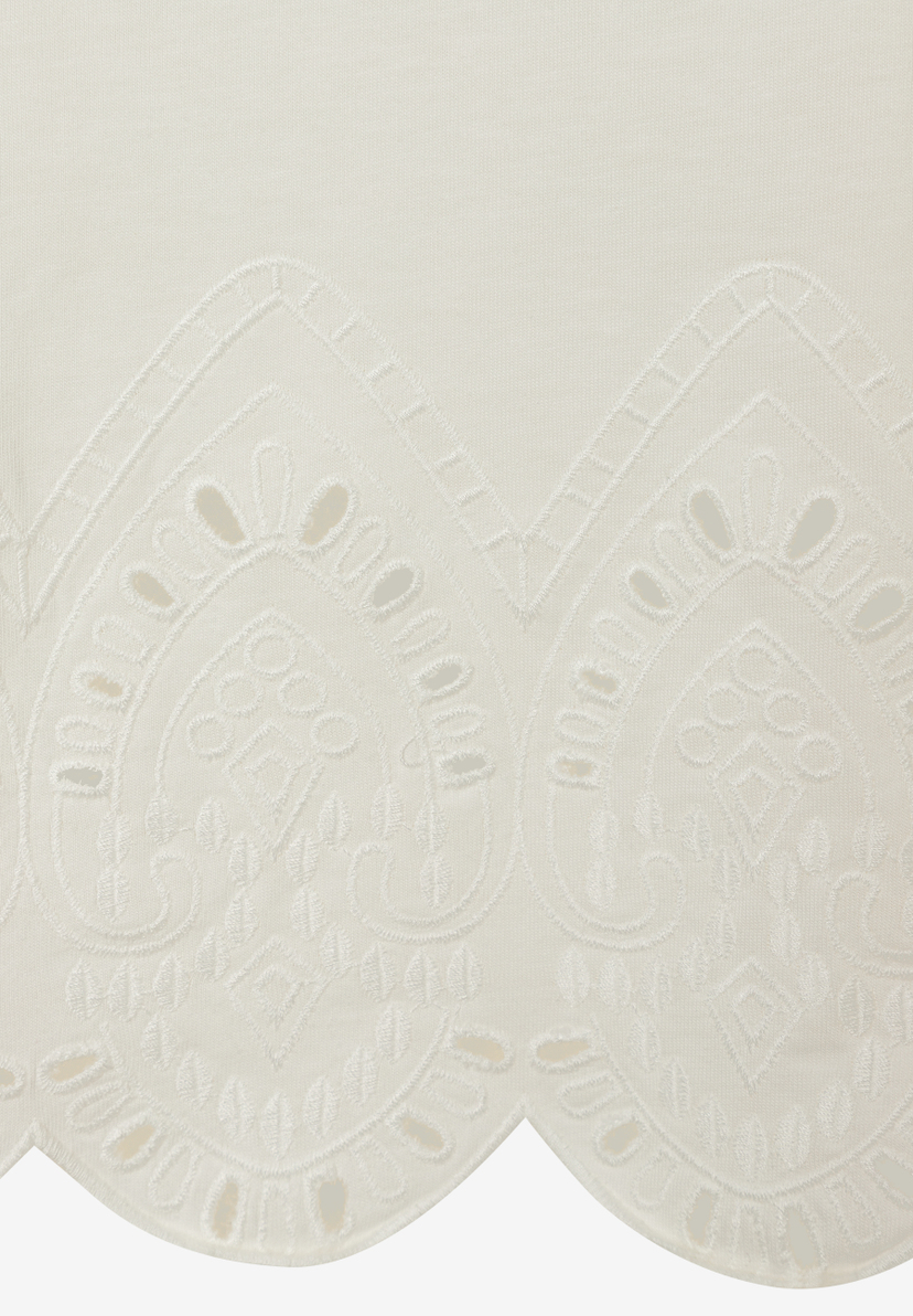 Detailansicht eines weißen MORE & MORE Oberteils mit Jersey und Spitze mit Lochmuster am Saum. Detailansicht eines weißen MORE & MORE Oberteils mit Jersey und Spitze mit Lochmuster am Saum.