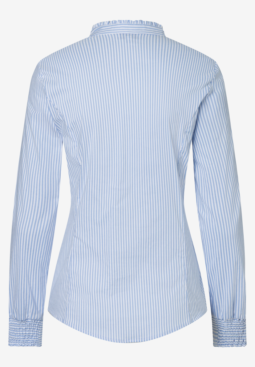 Hellblau-weiß gestreifte MORE & MORE Bluse, Popeline, mit langen Ärmeln und gerafften Manschetten, Rückansicht. Hellblau-weiß gestreifte MORE & MORE Bluse, Popeline, mit langen Ärmeln und gerafften Manschetten, Rückansicht.