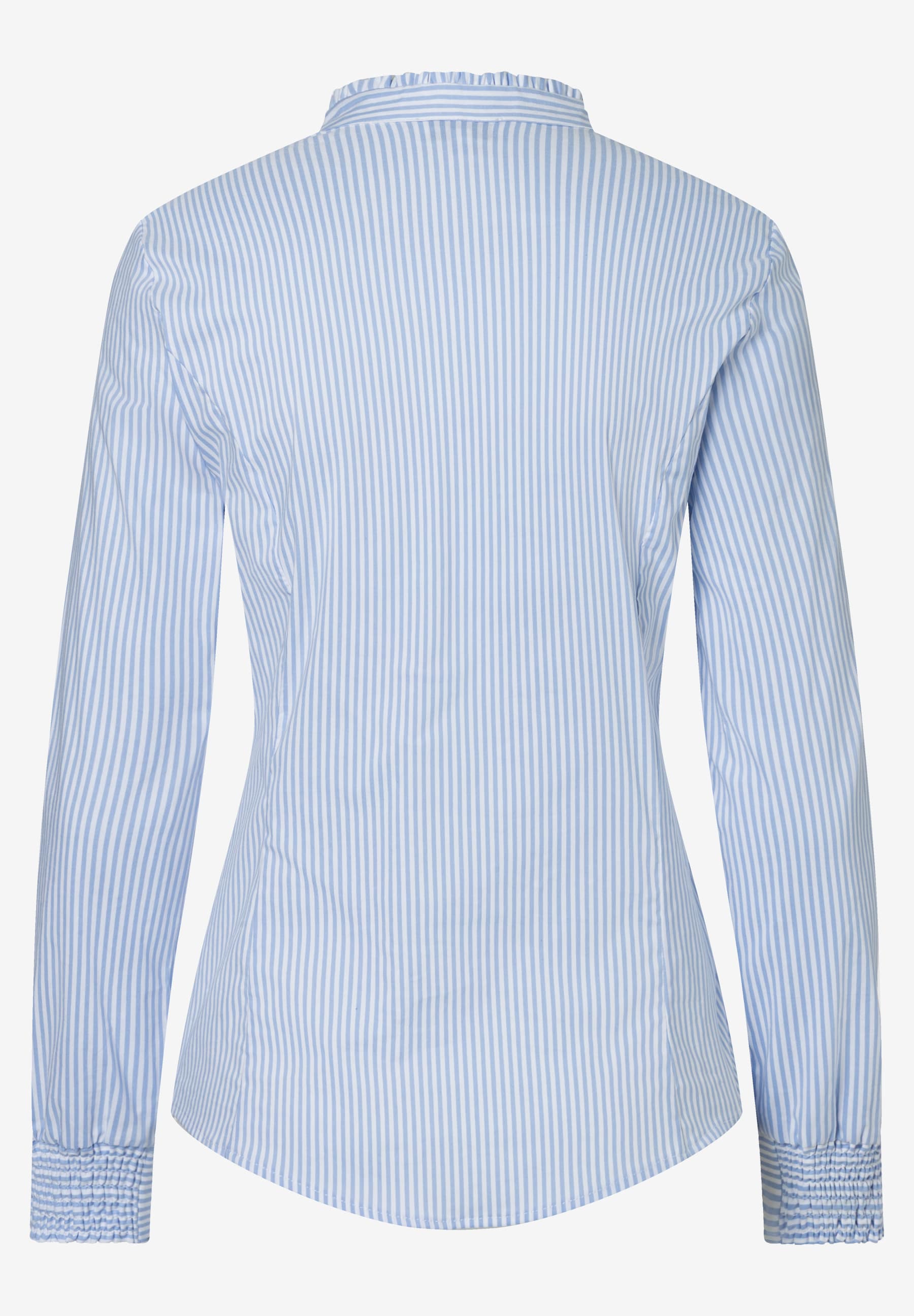 Hellblau-weiß gestreifte MORE & MORE Bluse, Popeline, mit langen Ärmeln und gerafften Manschetten, Rückansicht. Hellblau-weiß gestreifte MORE & MORE Bluse, Popeline, mit langen Ärmeln und gerafften Manschetten, Rückansicht.