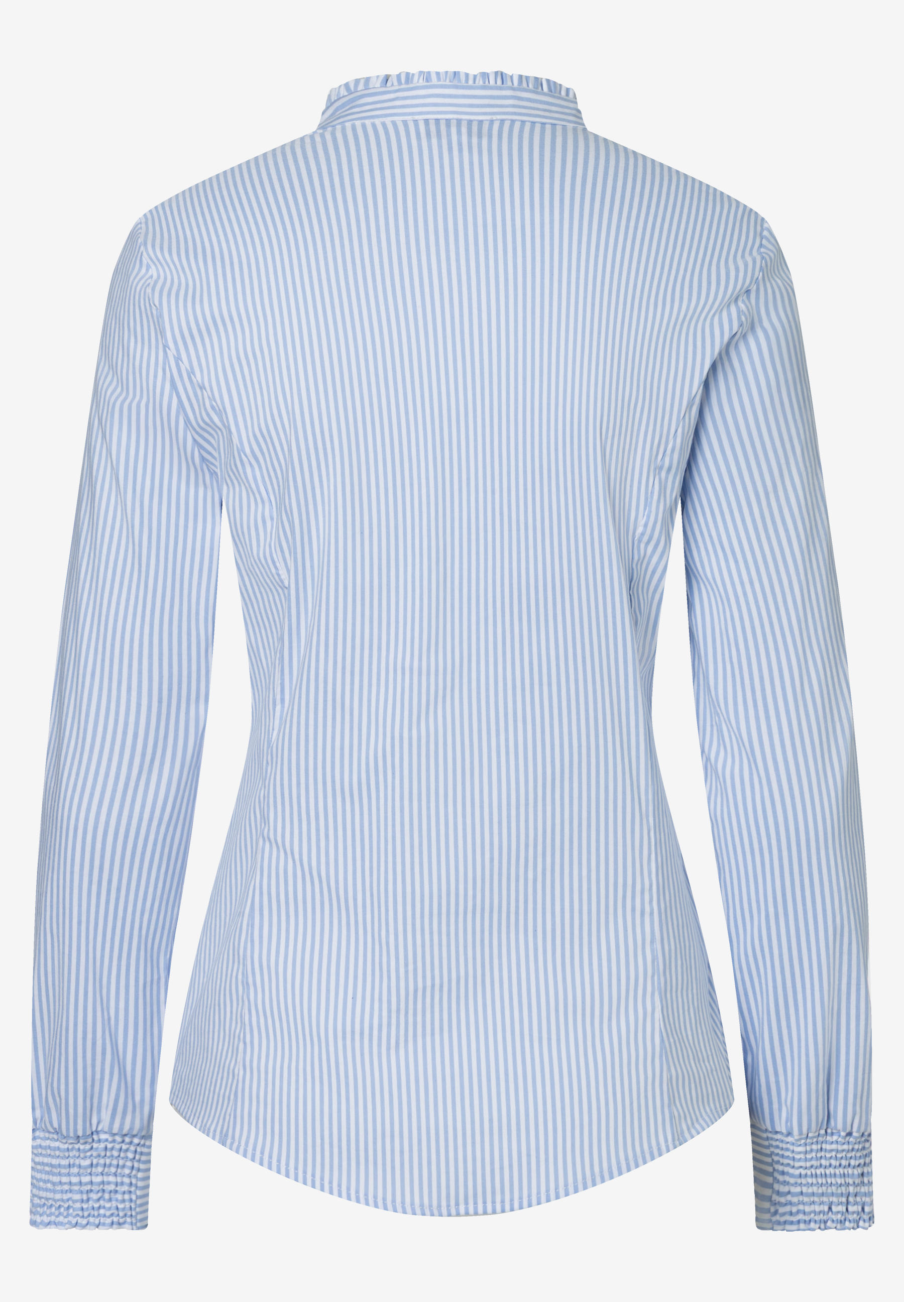 Hellblau-weiß gestreifte MORE & MORE Bluse, Popeline, mit langen Ärmeln und gerafften Manschetten, Rückansicht. Hellblau-weiß gestreifte MORE & MORE Bluse, Popeline, mit langen Ärmeln und gerafften Manschetten, Rückansicht.