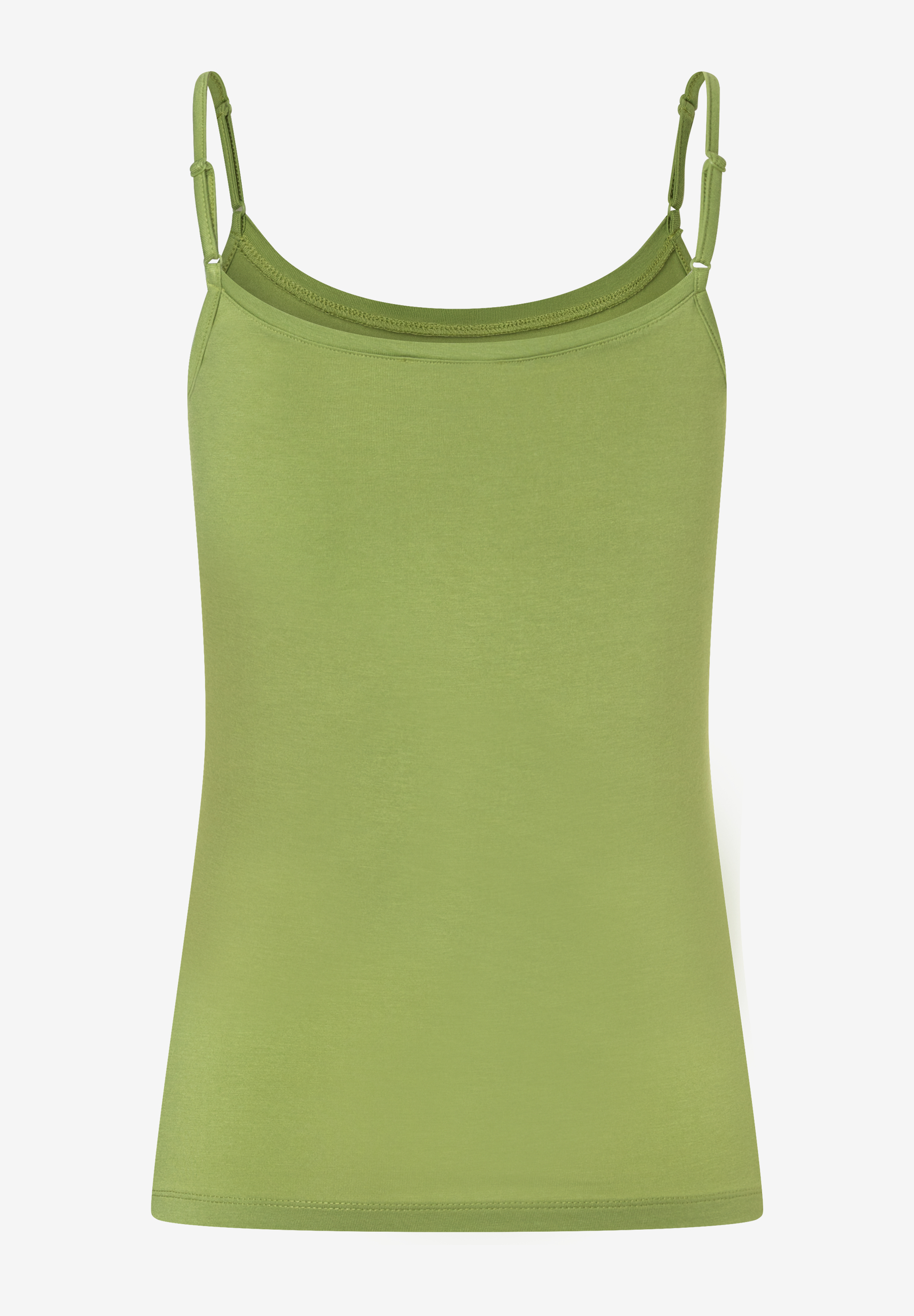 Ein grünes MORE & MORE Jersey-Top mit Spaghettiträgern vor einem weißen Hintergrund.