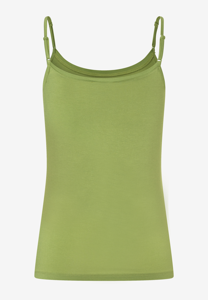 Ein grünes MORE & MORE Jersey-Top mit Spaghettiträgern vor einem weißen Hintergrund. Ein grünes MORE & MORE Jersey-Top mit Spaghettiträgern vor einem weißen Hintergrund.