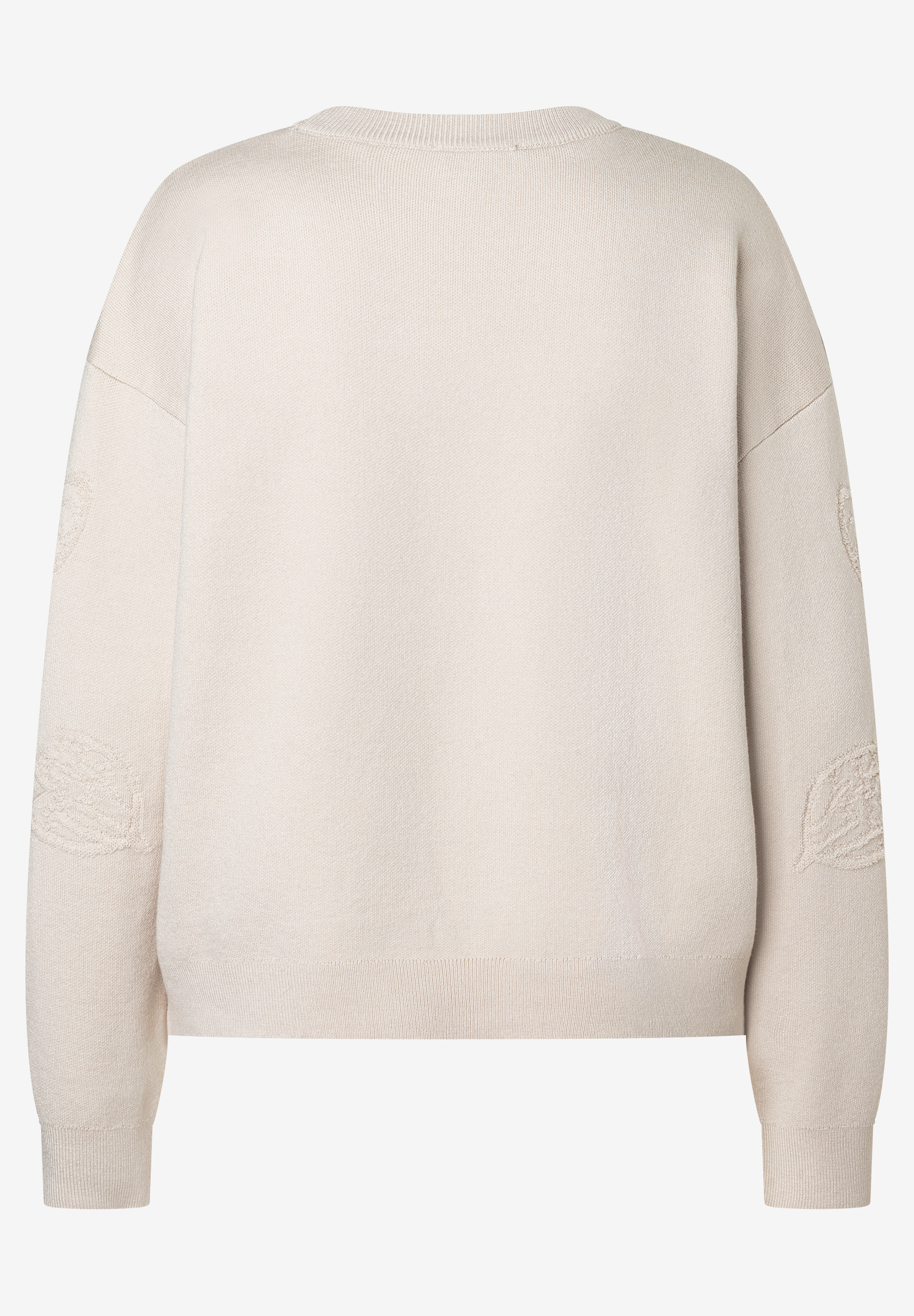Ein MORE & MORE Strickpullover in Off-White, mit Blattmuster an den Ärmeln. Ein MORE & MORE Strickpullover in Off-White, mit Blattmuster an den Ärmeln.