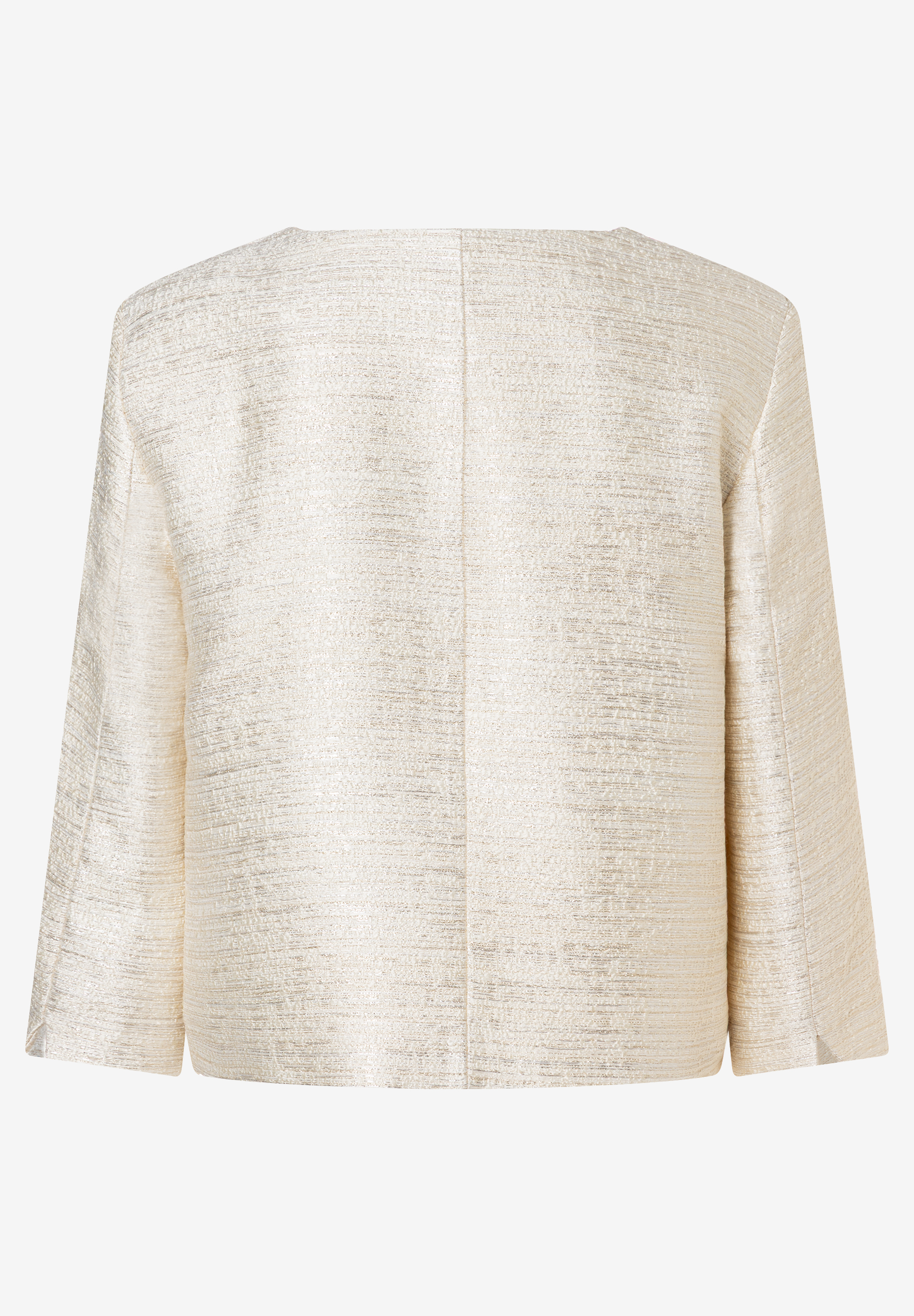 Ein MORE & MORE Blazer mit geradem Schnitt in metallischem Beige von hinten. Ein MORE & MORE Blazer mit geradem Schnitt in metallischem Beige von hinten.