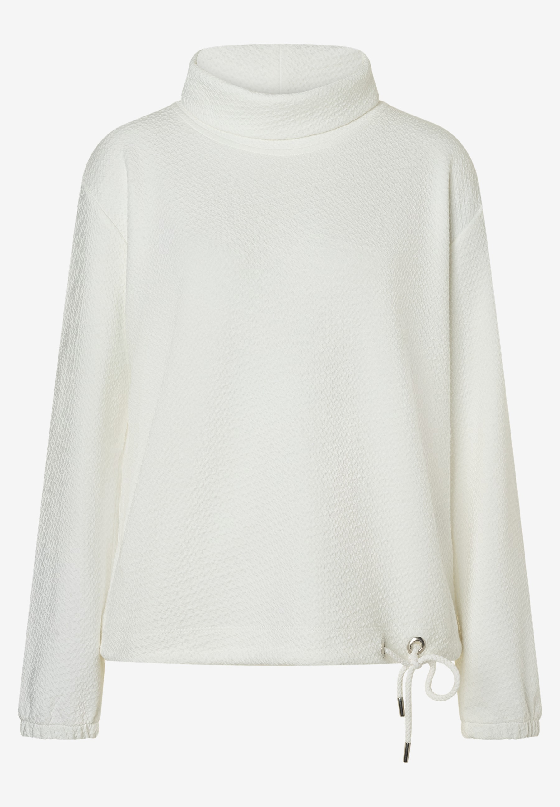 MORE & MORE Damen-Sweatshirt in Offwhite, mit Rautenmuster, hochgeschlossenem Kragen und Kordelzug am Saum.