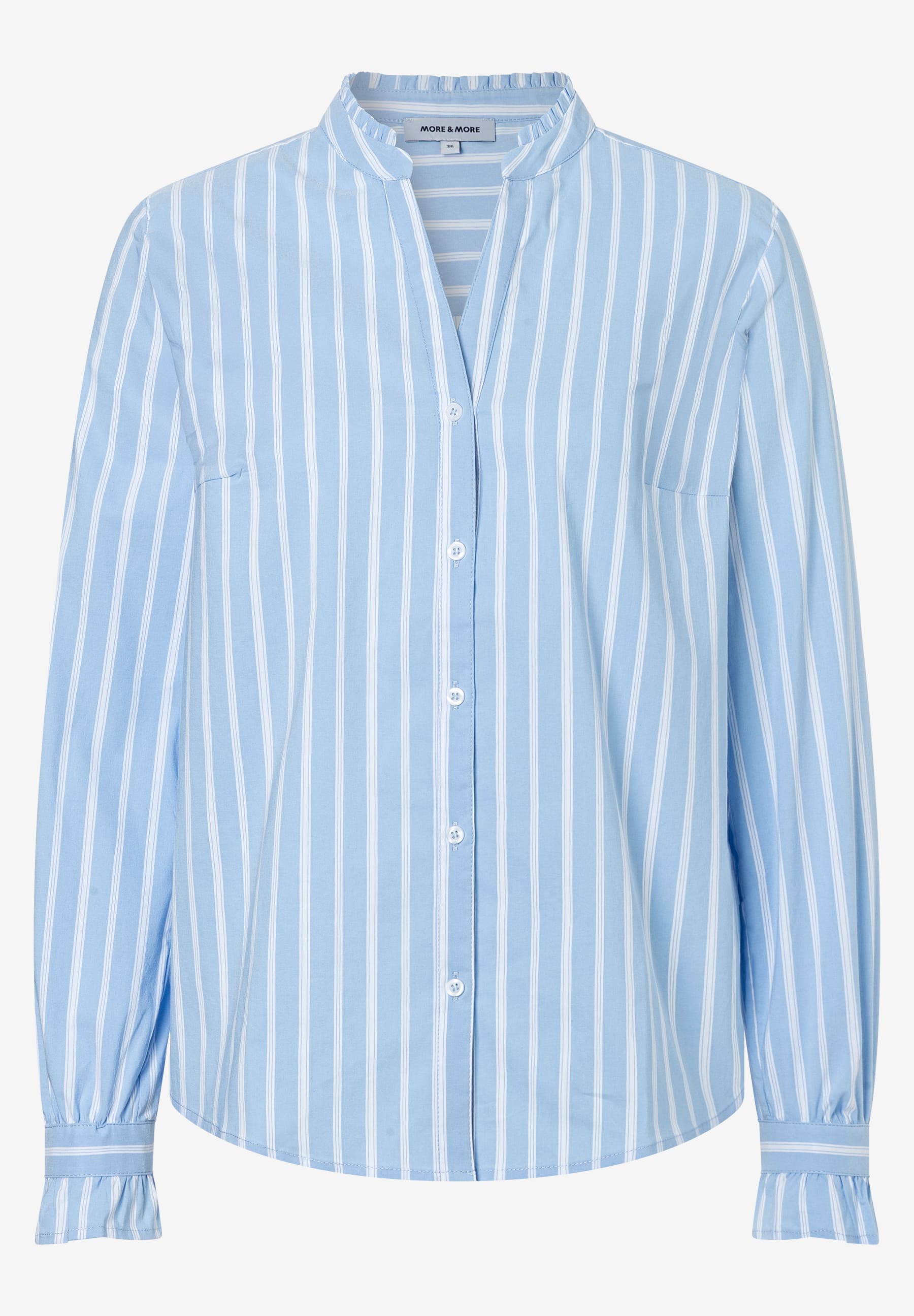 MORE & MORE Damen-Bluse in Hellblau mit weißen Streifen, V-Ausschnitt, Rüschenkragen und gekräuselten Ärmelbündchen.