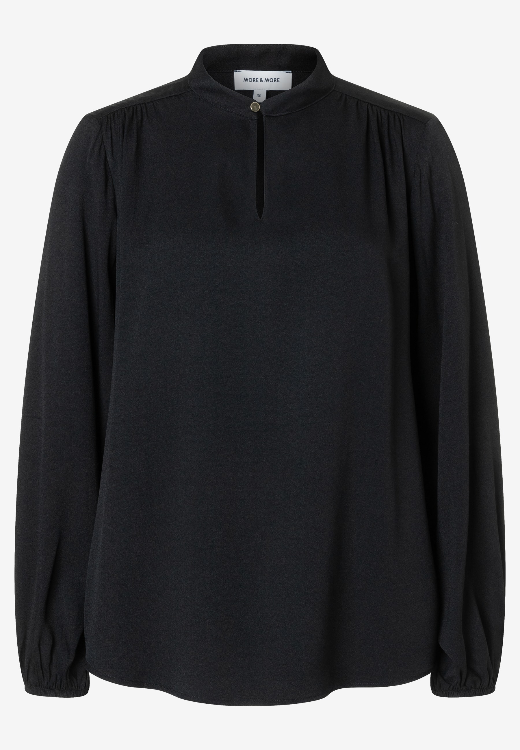 MORE & MORE schwarze Bluse mit Stehkragen, V-Ausschnitt, goldenem Knopfverschluss und langen Ärmeln mit elastischen Bündchen