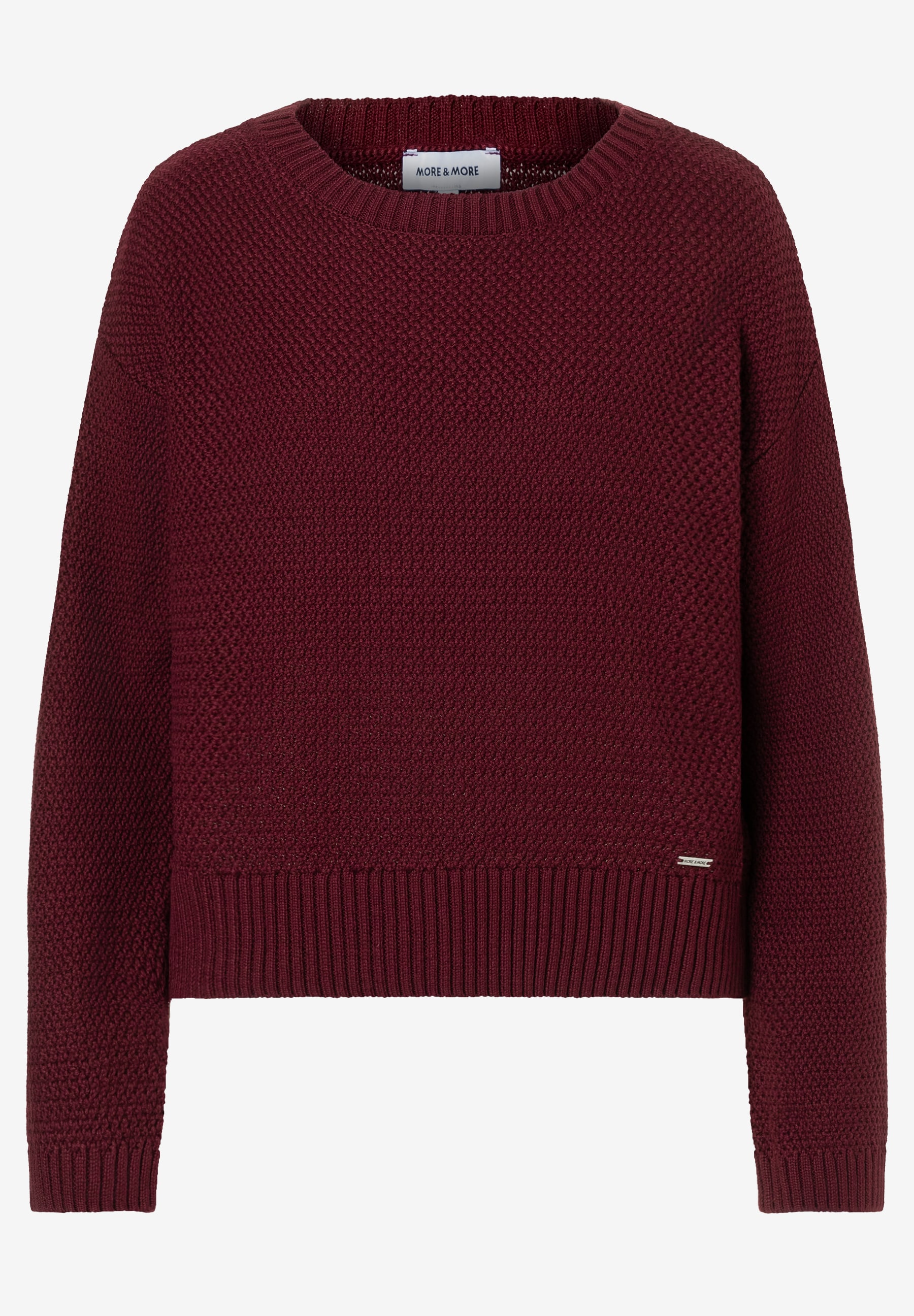 MORE & MORE dunkelroter Feinstrickpullover mit gerippten Bündchen an Saum, Ärmeln und Rundhalskragen